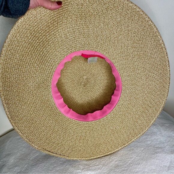 Lilly Pulitzer Sun Hat Wide Brim Floral Coquette Preppy Metallic Tan Pink Green - Picture 12 of 12